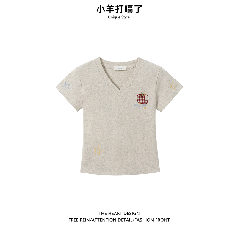 2026 Summer New Korean Style Sweet Girl Outfit Embroidered T-Shirt for Petite Women Slim Fit Regular Shoulder Short Sleeve V-Neck Crop Top