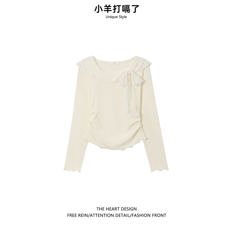 2026 Autumn New Style Apricot Color Waist-Cinching Inner Layer Short Top for Women with Lace-Up Ruffled Long Sleeves T-Shirt