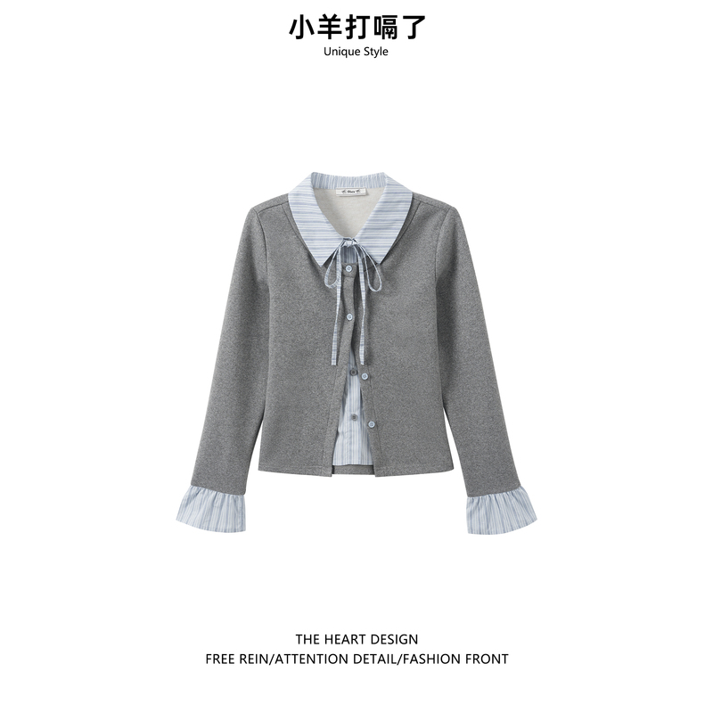 Spring New Design Fake Two-Piece Striped Polo Collar Shirt for Women, Long-Sleeved, Warm Inner Layer, Korean Style Top