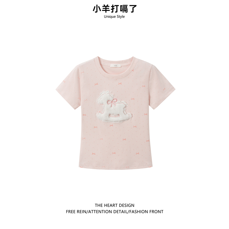 Flocked Embroidery Design Polka Dot Short-Sleeve T-Shirt for Women 2026 Summer New Korean Style Regular Shoulder Short Pink Top