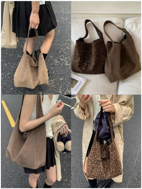 2025 Autumn and Winter New Leopard Print Suede Shoulder Bag Women's Large Capacity Commuting Tote Bag Underarm Bag Women's Shopping Bag