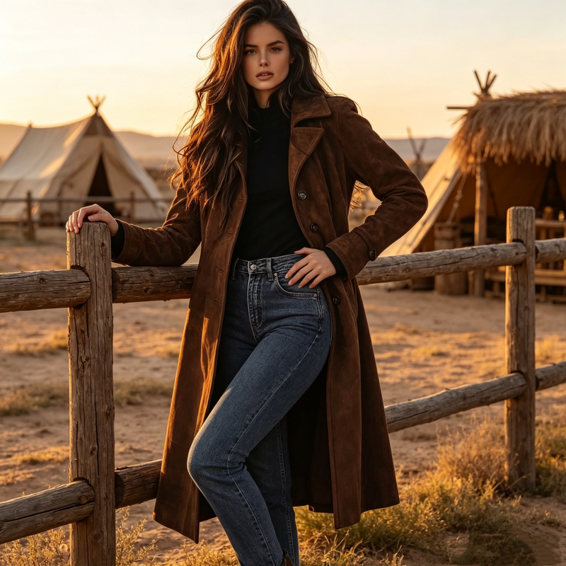 2026 High-Quality European and American Amazon Cross-Border Women's Autumn and Winter Coat, Lapel Suede Long Trench Coat 2026 High-Quality European and American Amazon Cross-Border Women's Autumn and Winter Coat, Lapel Suede Long Trench Coat