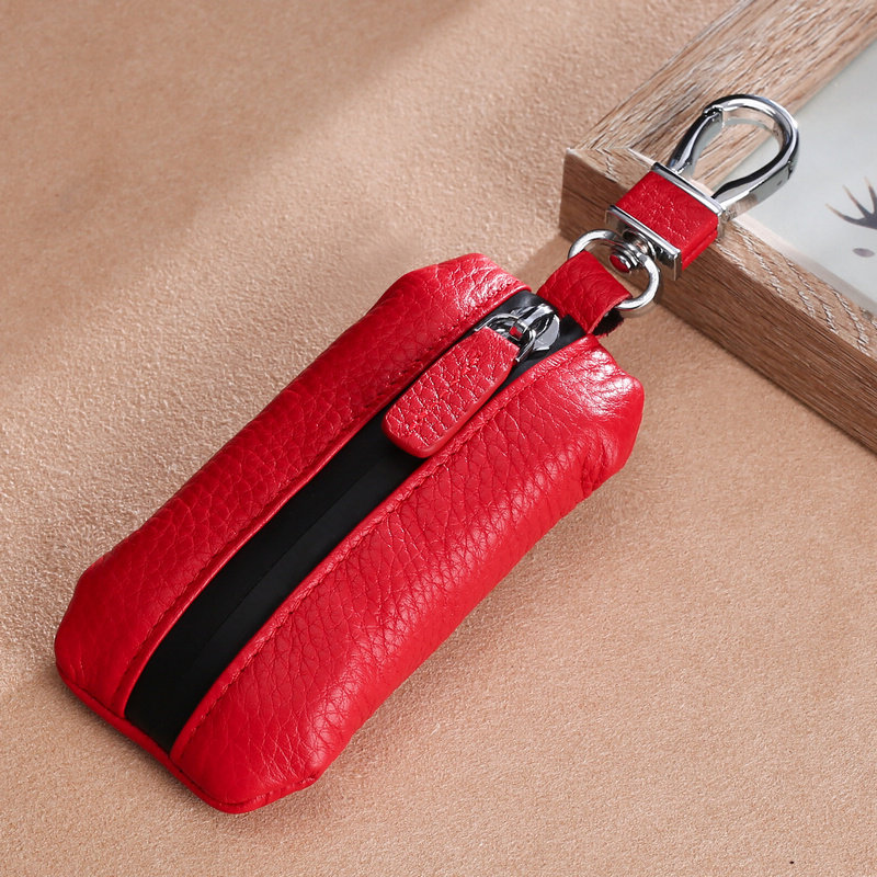 Real leather car key bag cow leather lychee pattern lovers waterproof pull chain car universal key cover small remote control sleeve