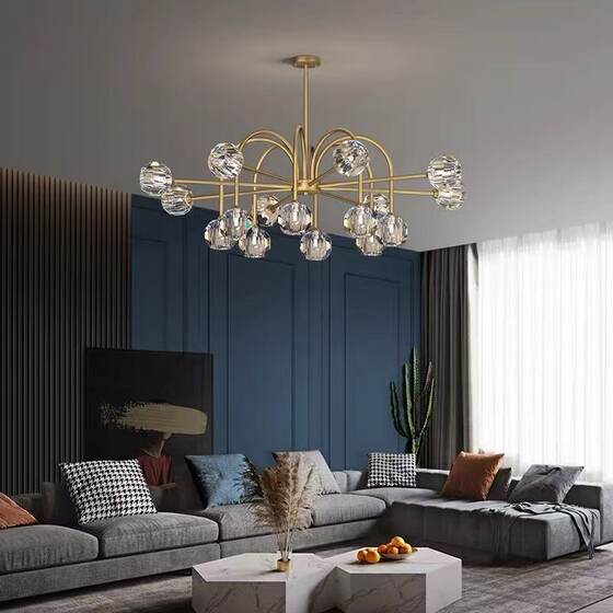 Modern Minimalist All-Copper Magic Bean Living Room Chandelier, Light Luxury and Elegant Bedroom Study High-End Multi-Head Molecular Crystal Lighting Fixture