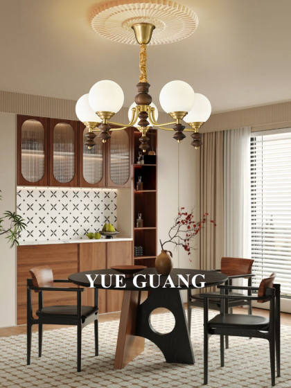 All-Copper American Retro Mid-Century Style Living Room Chandelier, French Walnut Wood High-End Bedroom and Study Lamp