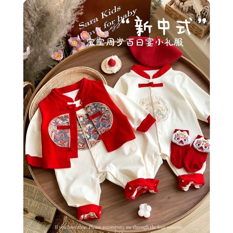 One-Year-Old Male and Female Baby Formal Wear, Autumn Festive One-Piece Clothing, 100-Day Full Moon Baby Spring and Autumn New Chinese-Style New Year Clothing
