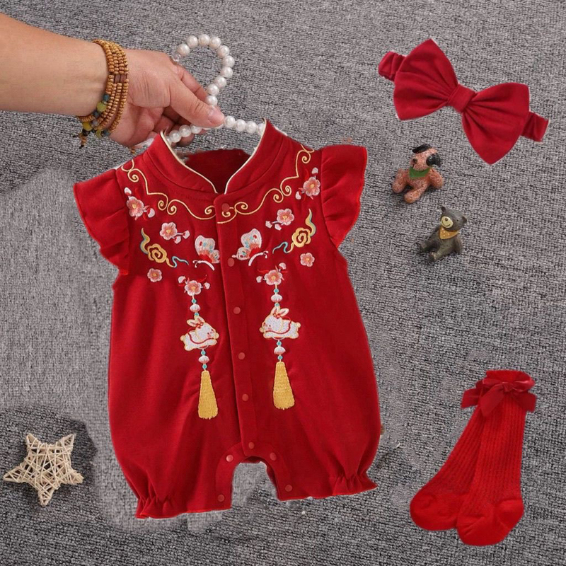 Baby Clothes, Summer Short-Sleeved Girl's Jumpsuit, Chinese Style Front-Opening Romper, Baby Full Moon Hundred-Day Celebration Dress