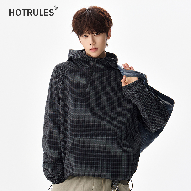 Hotrules Bubble Gauze Plaid Hooded Pullover Jacket Men's Autum 2026 New Half-Zip Work Jacket Hotrules Bubble Gauze Plaid Hooded Pullover Jacket Men's Autum 2026 New Half-Zip Work Jacket