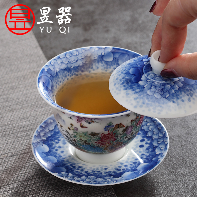 Yu ware jingdezhen ceramic checking 100 insect hand - made pastel blue three tureen tea art collection