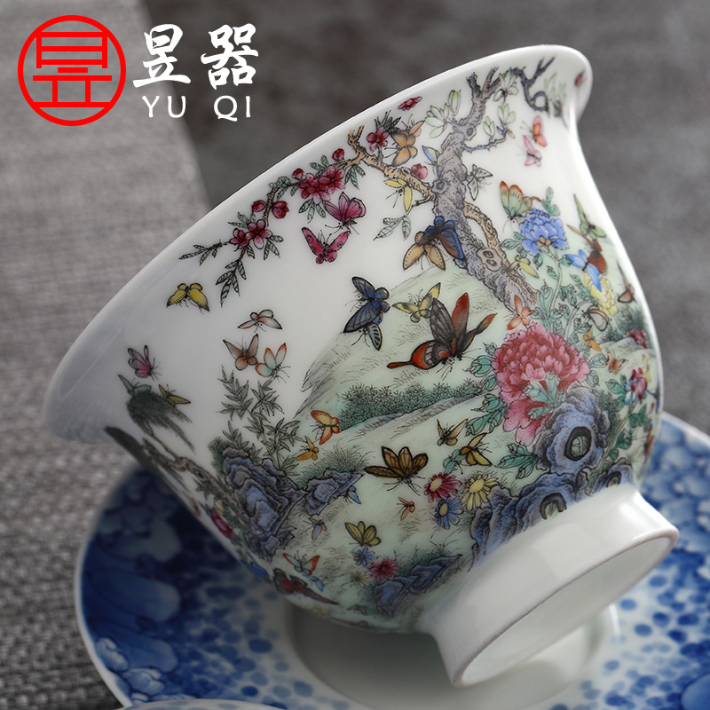 Yu ware jingdezhen blue and white only three hand - made ceramic checking 108 butterfly tureen kung fu tea set art collection