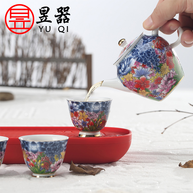 Yu is the see colour ceramic flower suit household kung fu tea tea cup teapot tea tray of a complete set of gift box packaging