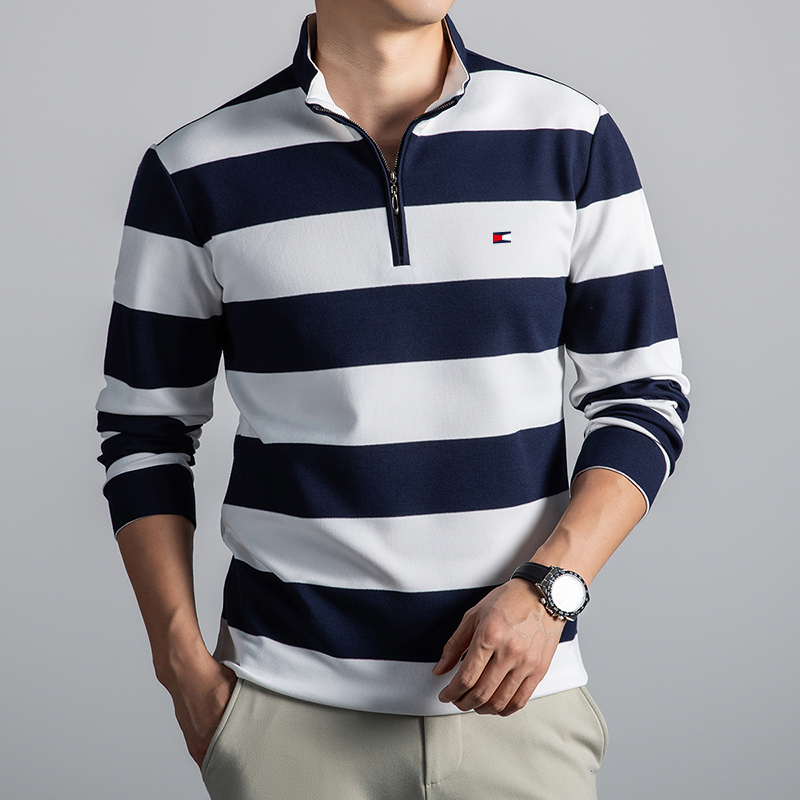 Special Offer: American Tommy Striped Color-Blocked Sweatshirt for Men, New Spring and Autumn Long-Sleeve T-Shirt with Half-Zip Stand Collar Top