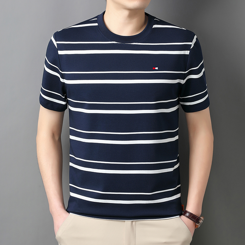 Authentic American Tommy Short-Sleeved T-Shirt Men's Summer New Mulberry Silk Cotton Stripesd T-Shirt Half-Sleeved Top Round Neck