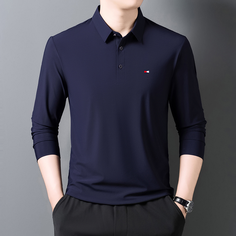 American Tommy Mulberry Silk Polo Shirt for Men, New Spring and Autumn Business Casual Long-Sleeve T-Shirt with a Collar, Wrinkle-Resistant Top