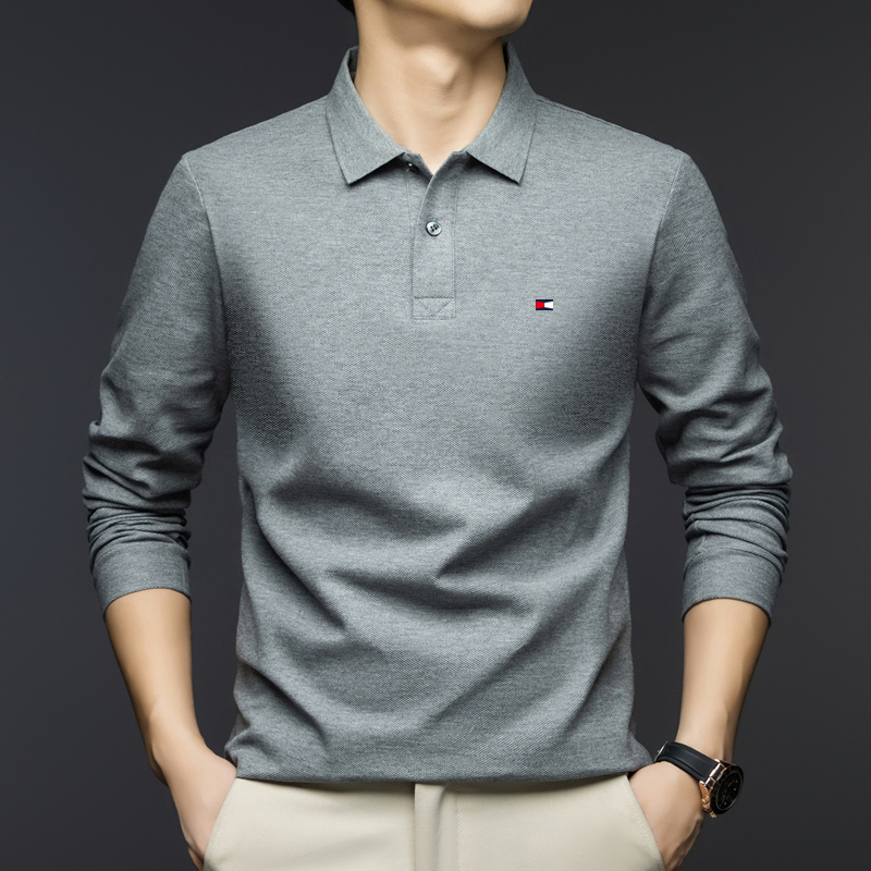 Authentic American Tommy Men's Long-Sleeved T-Shirt Spring and Autum New Pure Cotton Lapel Polo Shirt Business Casual Top