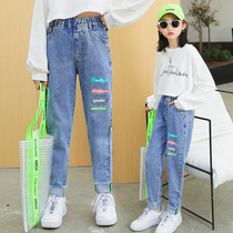 Girls jeans Spring and Autumn wear 2021 new middle and Big Baby loose casual trousers autumn childrens pants