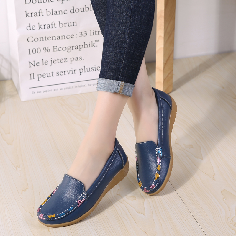 Dark Bluesummer Middle aged and elderly Slope heel Shallow mouth Single shoes female soft sole Doug shoes Middle heel mom leisure time leather shoes ma'am Lefu shoes