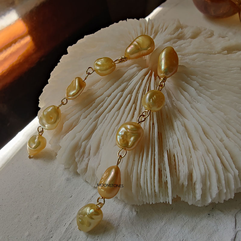 Golden Keshi Pearl Necklace Natural Pearl Baroque Profiled Boutique Temperament 925 Silver Needle Flow Suchon Earrings
