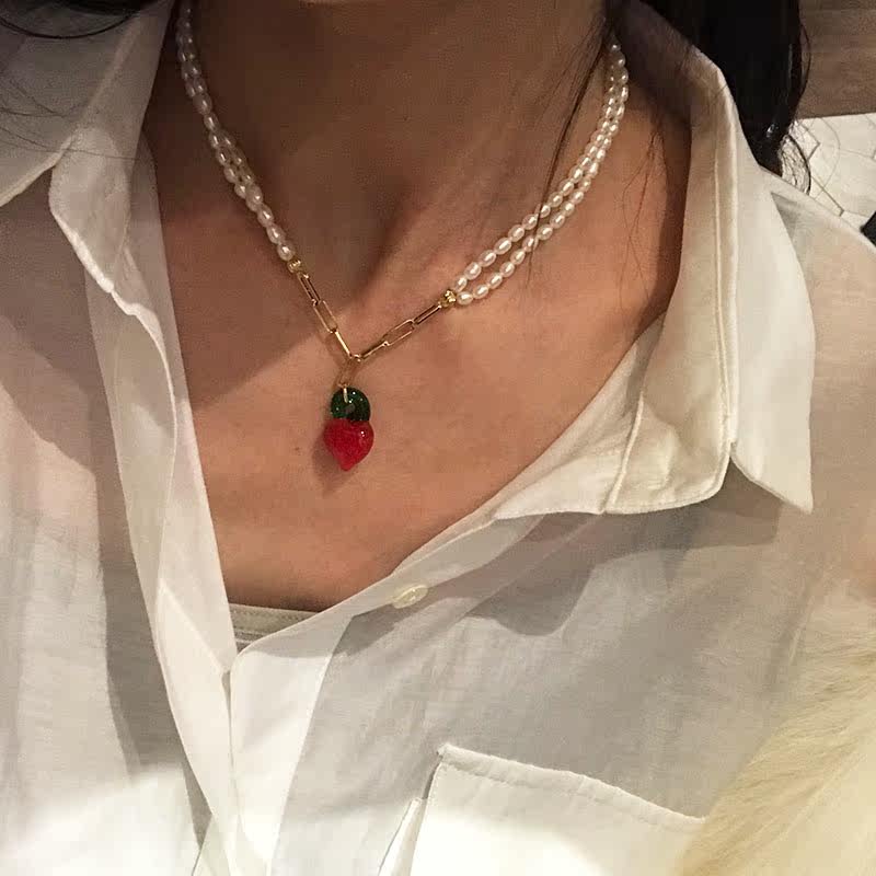 Love glass pearl necklace double layer natural beads knock good-looking choker40cm20 new small neck chain