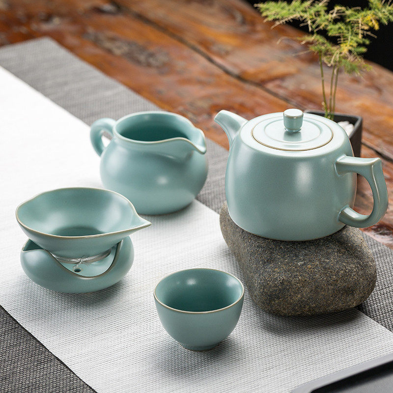 Zhixintang natural agate glaze rich family tea set Ru porcelain complete set of kung fu tea set living room office