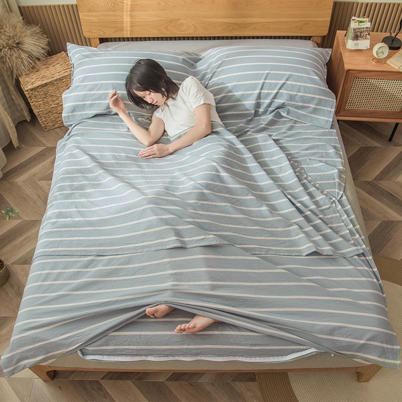 Nordic Wind Minimalist Striped Pure Cotton Color Weave Washed Cotton Sleeping Bag Full Cotton Pillowcase Quilt Hood All-in-one Hotel Sepal Bag
