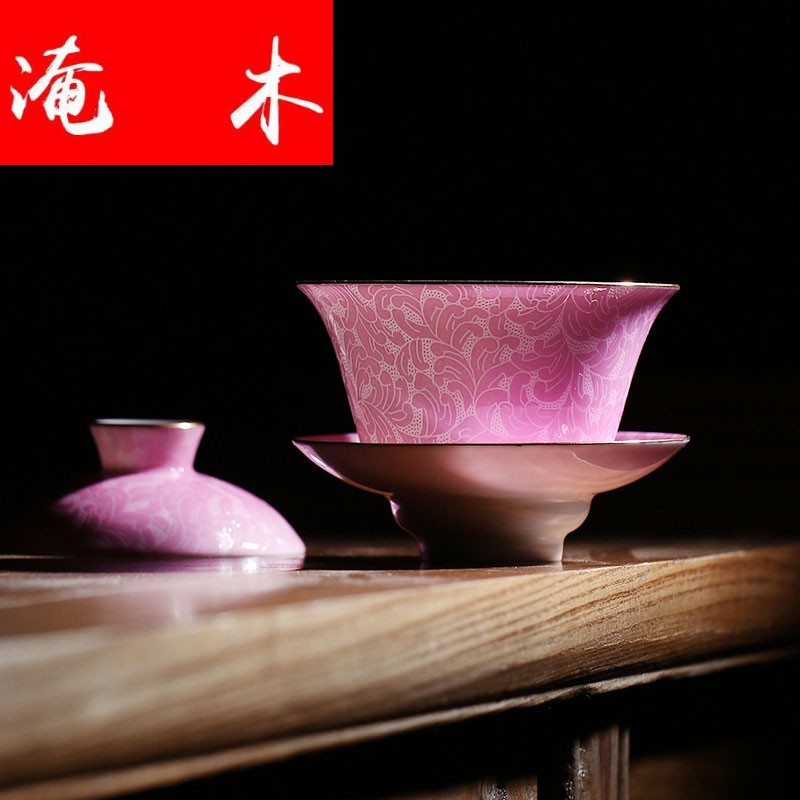 Submerged wood paint pick flowers tureen jingdezhen ceramic checking kung fu tea set hand - made pastel three tureen