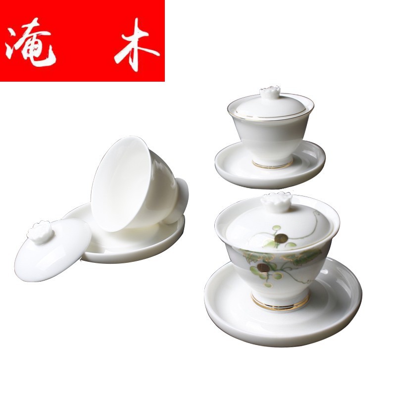 Flooded the wooden hand grasp suet jade only three tureen individual household ceramics kung fu tea set large dehua white porcelain cups