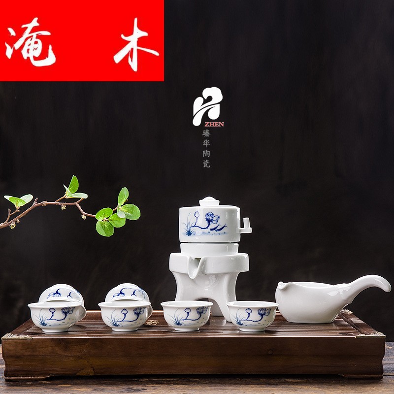 Yumu Ceramic semi-automatic blue and white tea set Kung Fu stone mill tea cup pot LOGO gift box