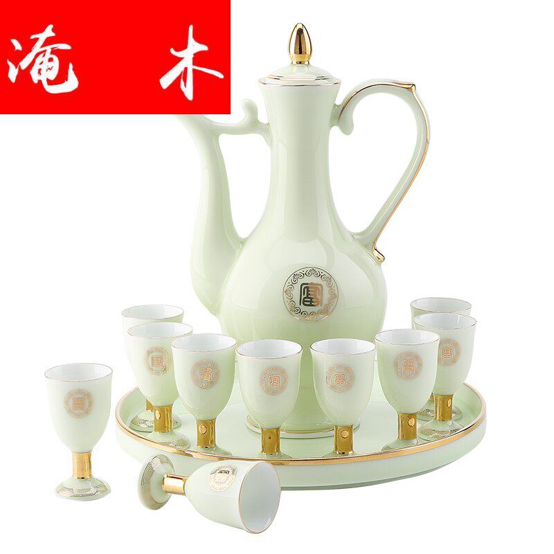 Flooded wood Jingdezhen wine furniture suit ceramic home palace imitation ancient Chinese jade porcelain sketching gold wine pot clear liquor-Taobao