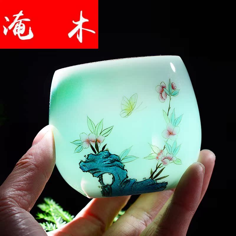 Submerged wood jingdezhen shadow green hand draw pastel single CPU personal cup master cup kung fu tea cups checking products