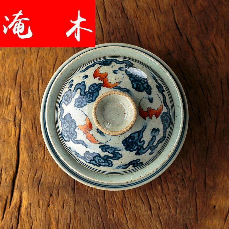 Flooded the wooden hand only three large blue and white porcelain tea tureen suit jingdezhen ceramic cups three sets of kung fu