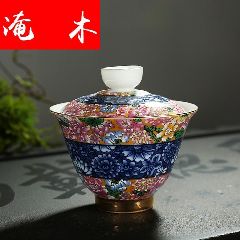 Submerged wood, ceramic famille rose flower is jingdezhen blue and white household tureen colored enamel kung fu tea tea cup three to worship
