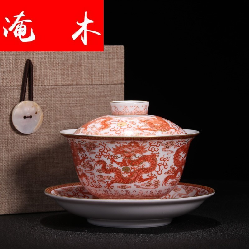 Submerged wood jingdezhen kung fu tea set three tureen large cups only hand - made ceramic alum red paint dragon tea mercifully