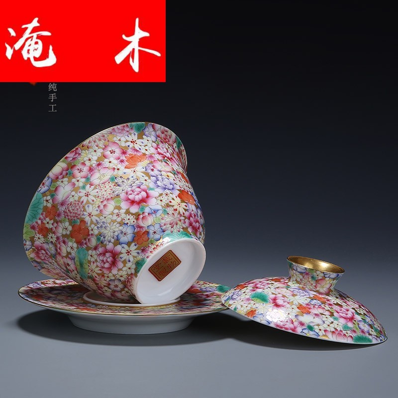 Flooded wood jingdezhen manual hand - made tureen tea ceramics powder enamel gold base than spend three to bowl bowl flowers