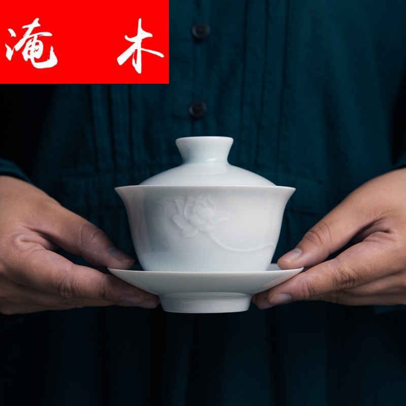 Flooded wood 【 】 jingdezhen porcelain shadow blue glaze tureen hand - carved kung fu tea bag mail only three bowl of tea vessels