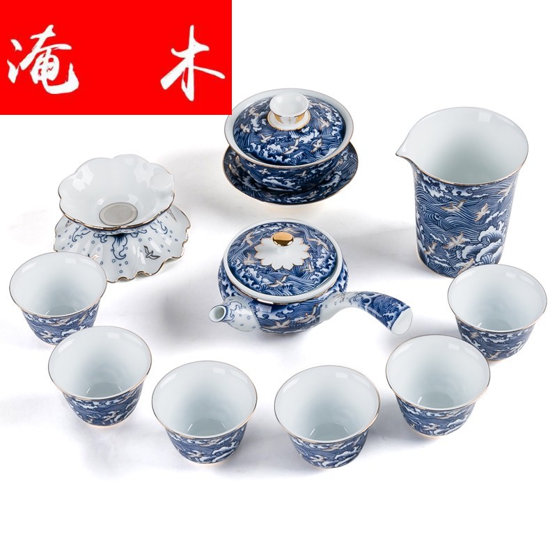 Submerged wood jingdezhen blue and white porcelain of a complete set of kung fu tea set household contracted ceramic side put pot of tea gift box