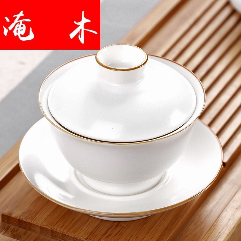 Submerged wood, ceramic up kung fu tea set high - grade grease white jade porcelain inferior smooth lid bowl of tea business gifts
