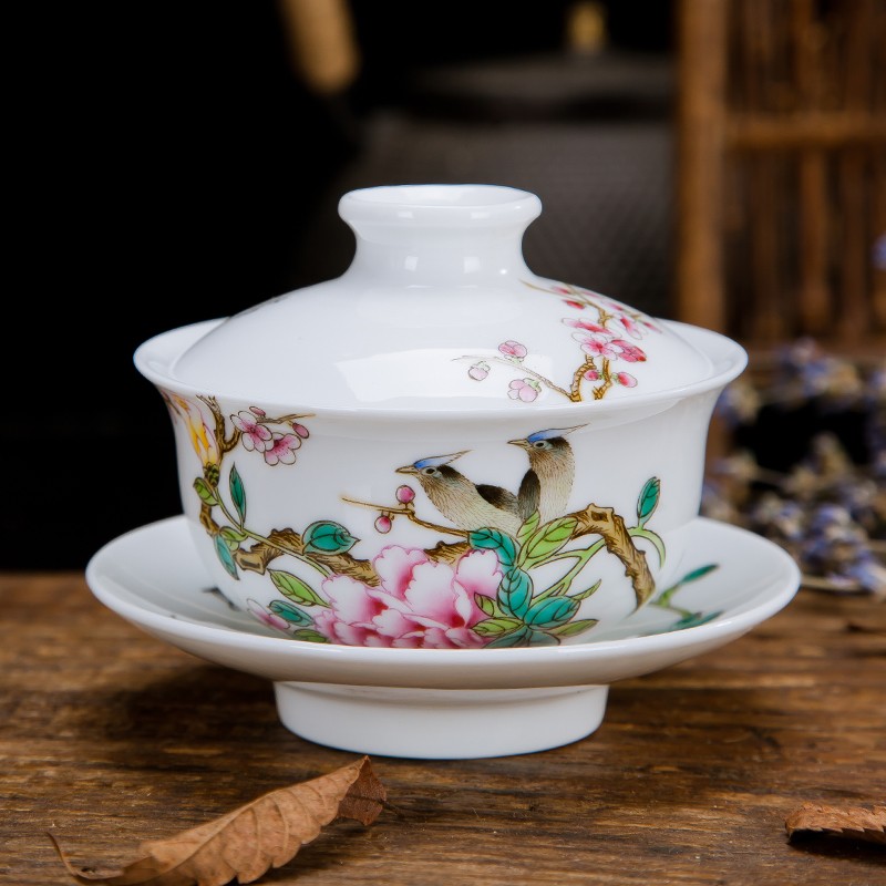Submerged wood jingdezhen hand - made ceramic tureen tea service manual powder enamel three bowl of kung fu big yards of tea cups