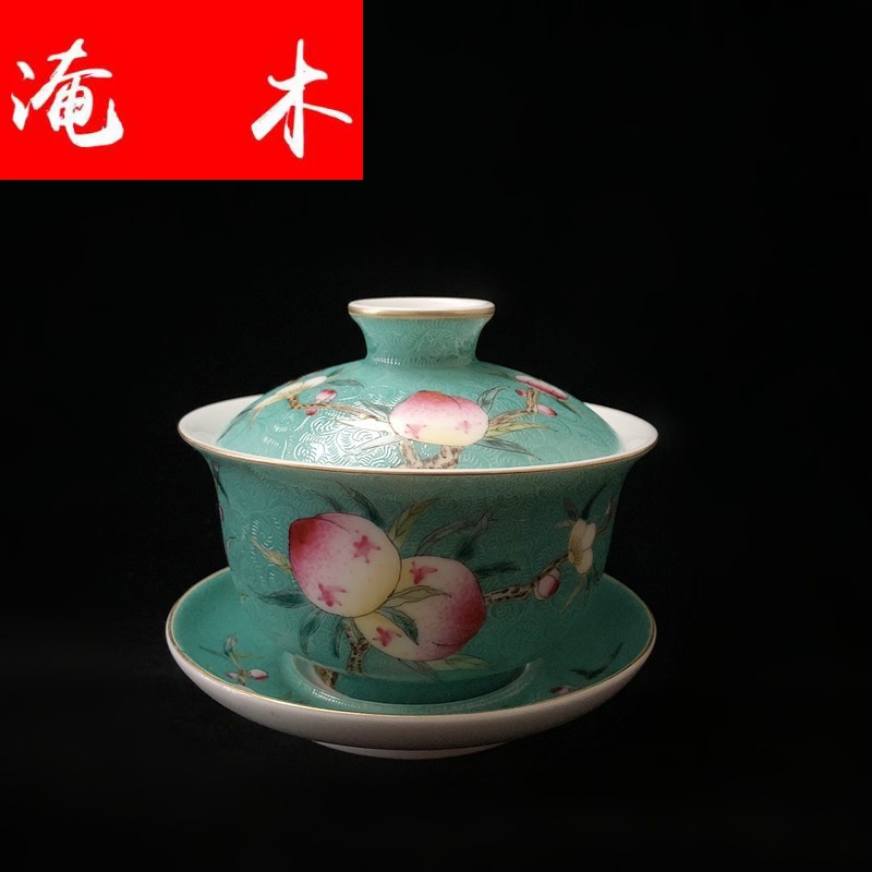 Submerged wood grilled jingdezhen manual hand - made pastel flower tea kungfu tea set peach three tureen archaize package mail