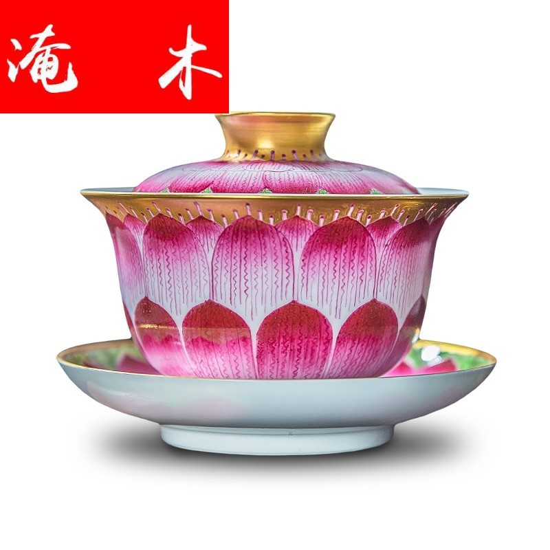 Flooded hand - made wooden jingdezhen ceramics powder enamel see only three tureen lotus kung fu tea tea can by hand