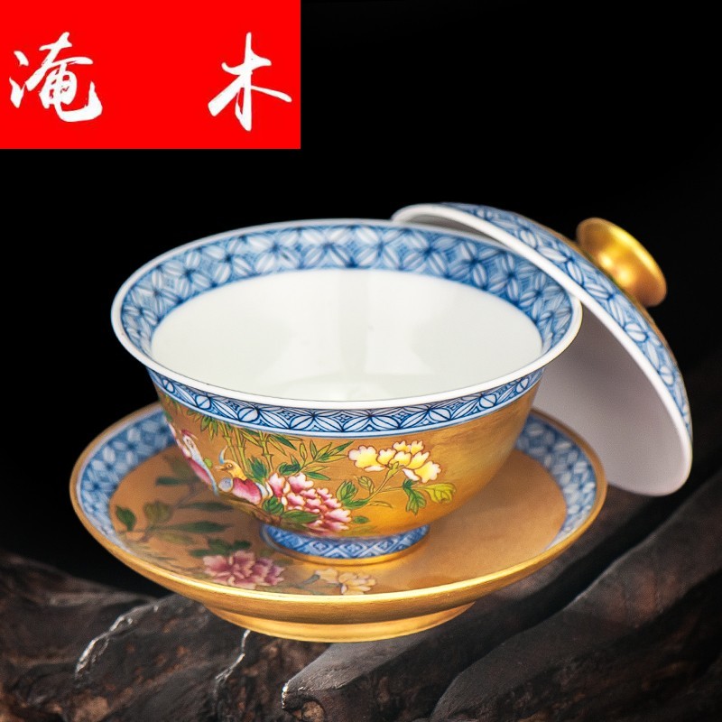 Flooded hand - made wooden jingdezhen ceramics powder enamel antique gold flower on three tureen kung fu tea set can be customized