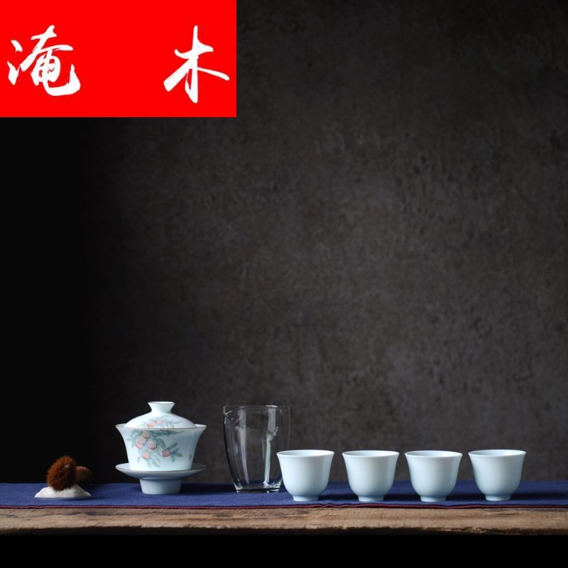 Flooded peach wood issue a moment of jingdezhen hand - made three cup water chestnut tureen shadow celadon tea cup hot enamel