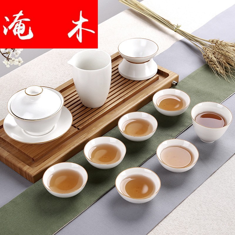 Submerged wood, ceramic up kung fu tea set high - grade grease white jade porcelain inferior smooth lid bowl of tea business gifts