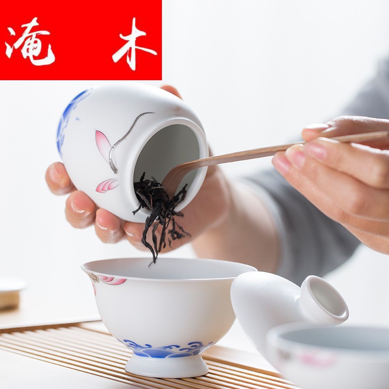 Submerged wood jingdezhen blue and white porcelain lotus rhyme tea set tea cups tureen) fair keller gift boxes logo
