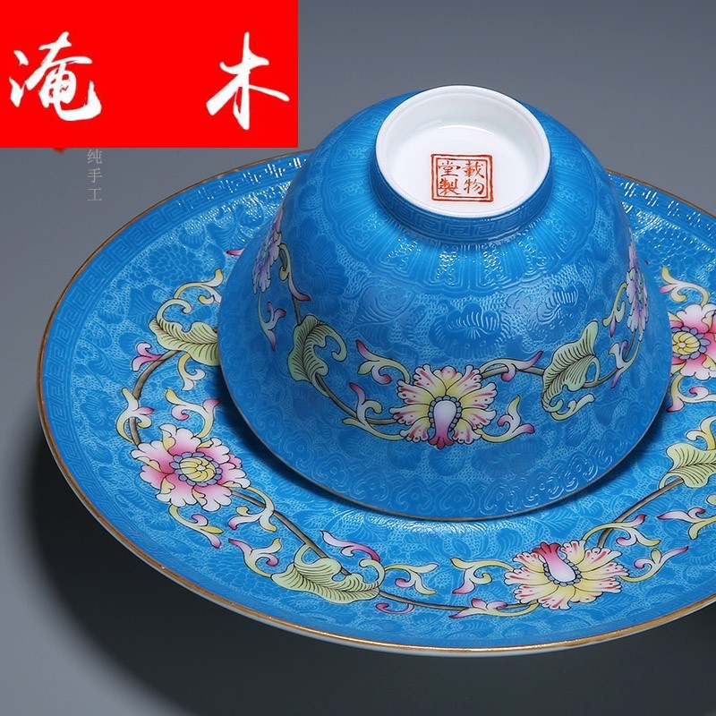 Submerged wood jingdezhen manual pick flowers pastel bound branch flowers tureen hand - made kung fu tea set three porcelain bowl