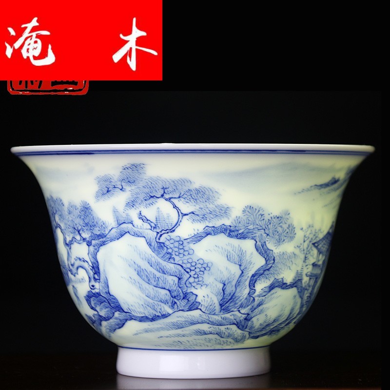 Flooded the wooden hand covered bowl of blue and white porcelain of jingdezhen ceramic tea set hand - made scenery make tea bowl jade soil large cups