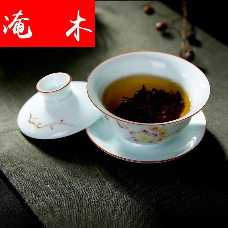 Flooded jingdezhen wood powder enamel hand - made ceramic tureen tea cup tea bowl of kung fu tea set three bowl of worship