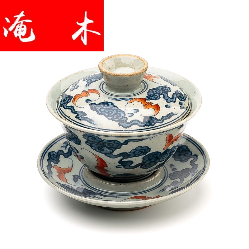 Flooded the wooden hand only three large blue and white porcelain tea tureen suit jingdezhen ceramic cups three sets of kung fu