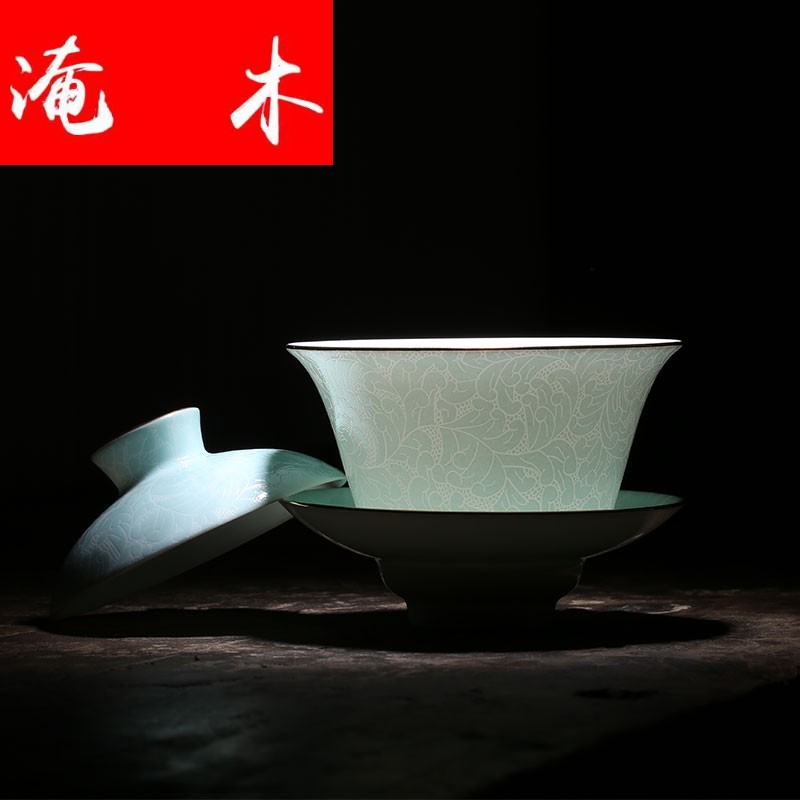 Submerged wood paint pick flowers tureen jingdezhen ceramic checking kung fu tea set hand - made pastel three tureen
