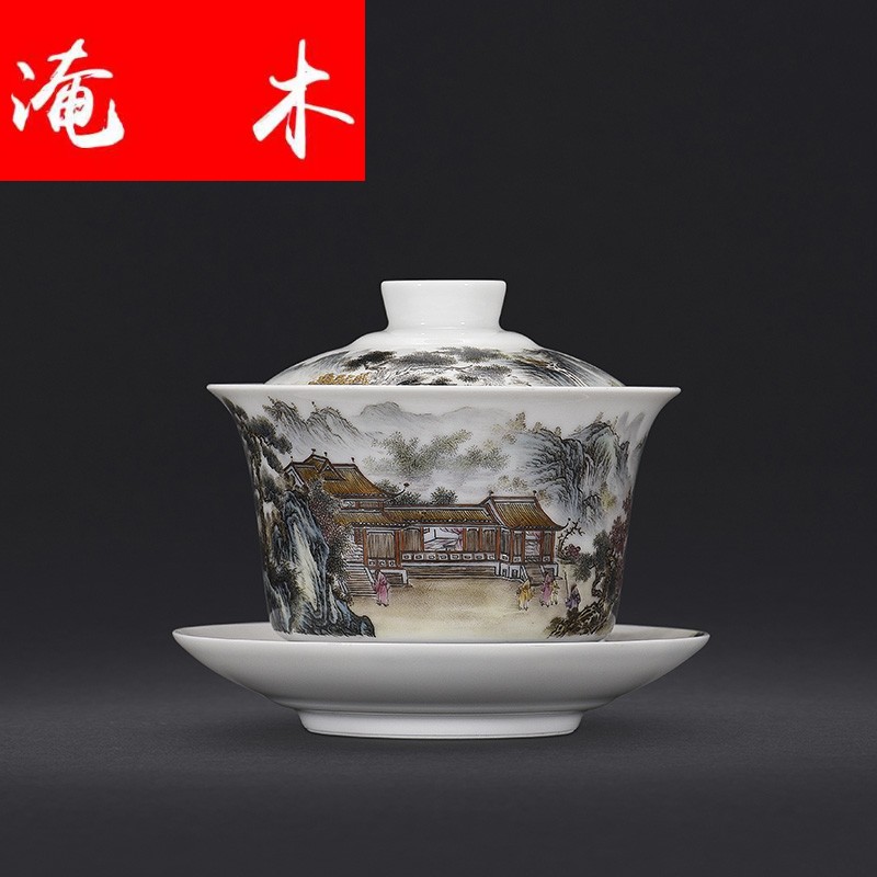 Flooded hand - made wooden archaize of jingdezhen up ceramics pastel scenery only three tureen kung fu tea set in ancient tea bowl